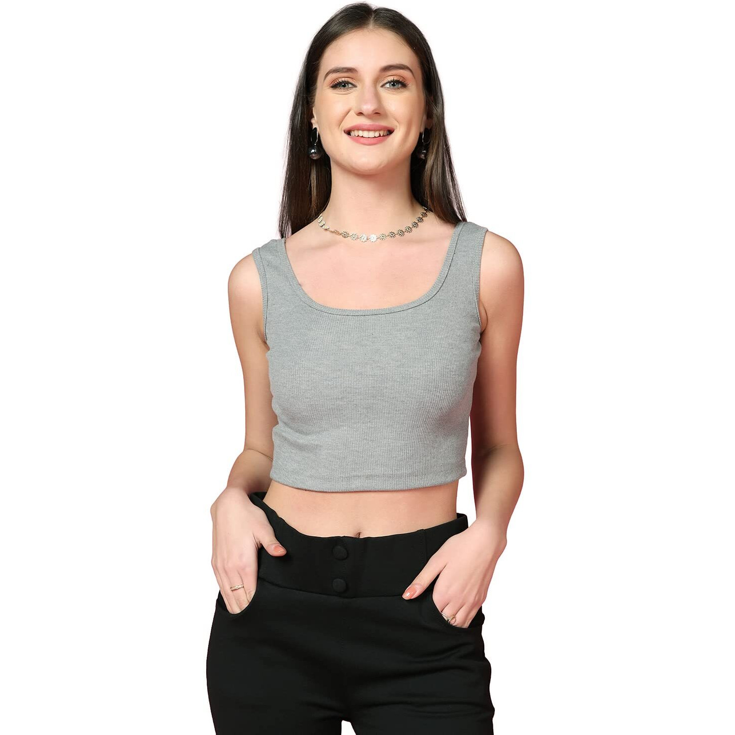 Toplot Women's Solid Ribbed Round Neck Sleeveless Slim Fit Tank Top (Tank-Top-5069-Grey-M)