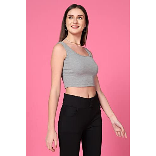 Toplot Women's Solid Ribbed Round Neck Sleeveless Slim Fit Tank Top (Tank-Top-5069-Grey-M)