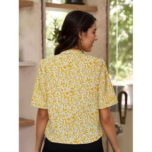 Gosriki Women's Tunics Tops Rayon Viscose Printed Short Top For Women (Rishta Yellow-Gs_Xl_Yellow_X-Large)