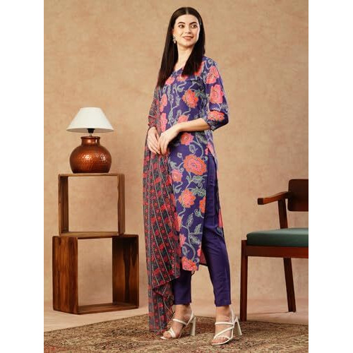 Gosriki Women's Cotton Blend Straight Printed Kurta With Pant & Dupatta (Fataki Begani-Gs_Xxl_Violet_Xx-Large)