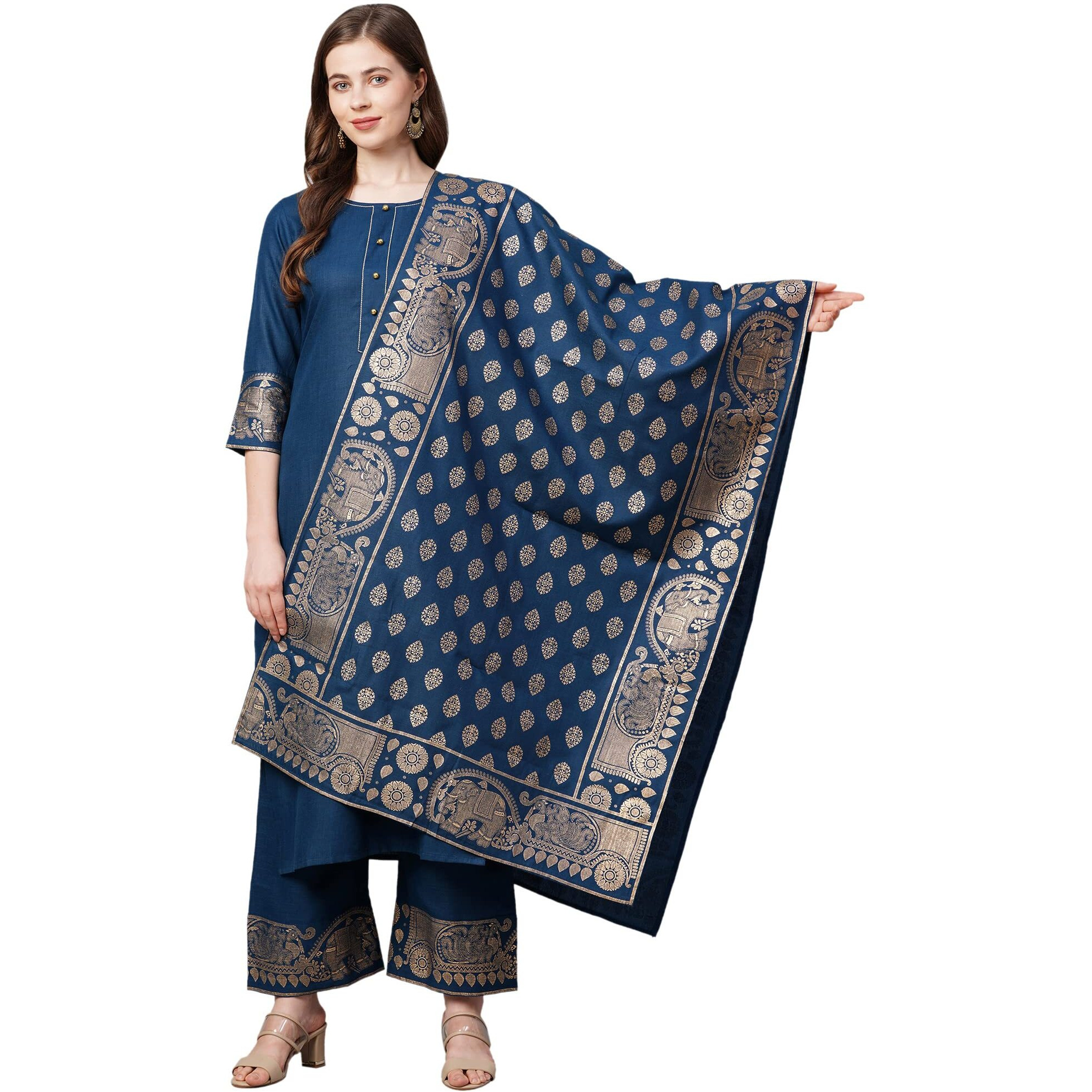 Gosriki Women's Cotton Straight Kurta With Palazzo & Dupatta (Kpzd-Cot-10098-Blue_Xxl-Go_Blue_Xx-Large)