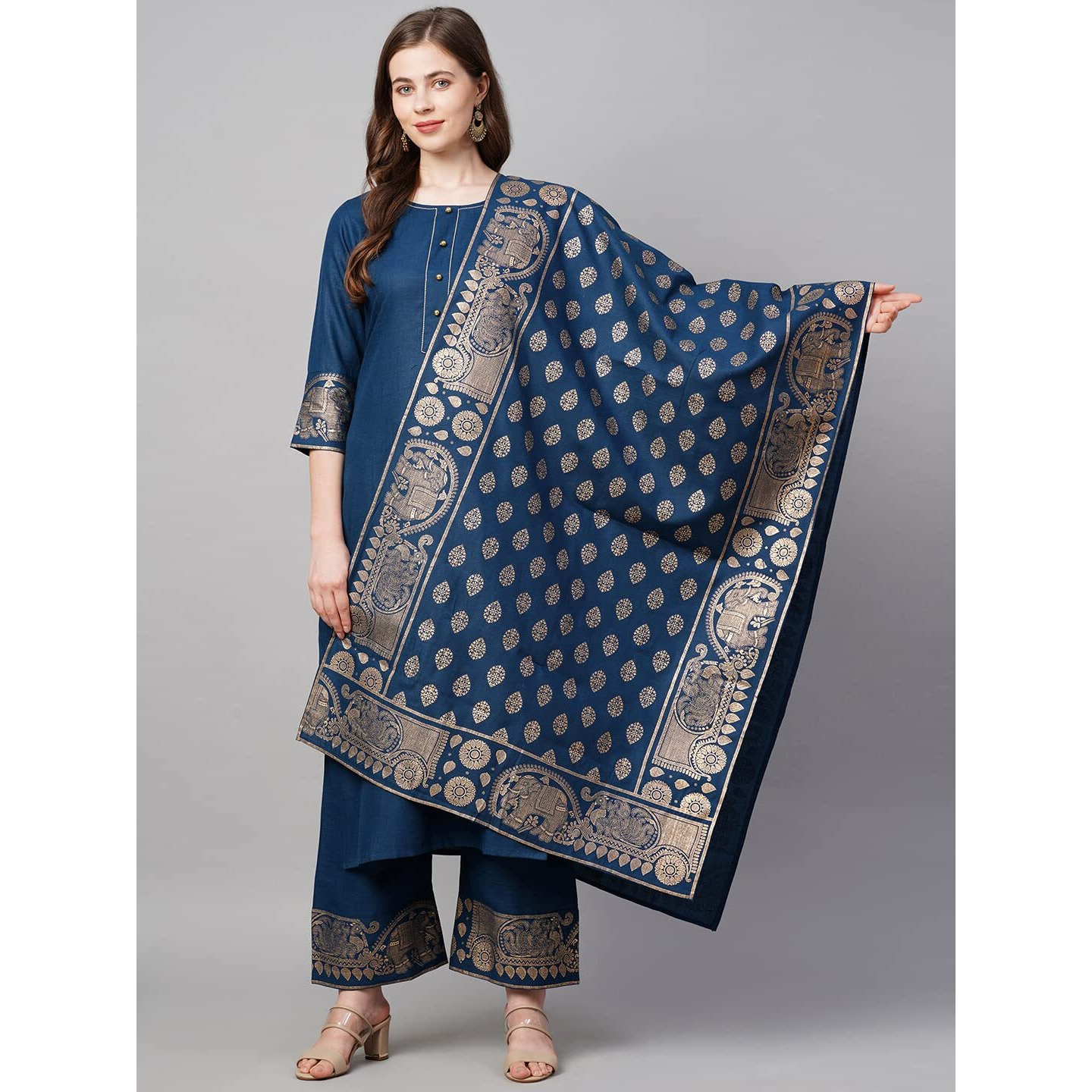 Gosriki Women's Cotton Straight Kurta With Palazzo & Dupatta (Kpzd-Cot-10098-Blue_Xxl-Go_Blue_Xx-Large)