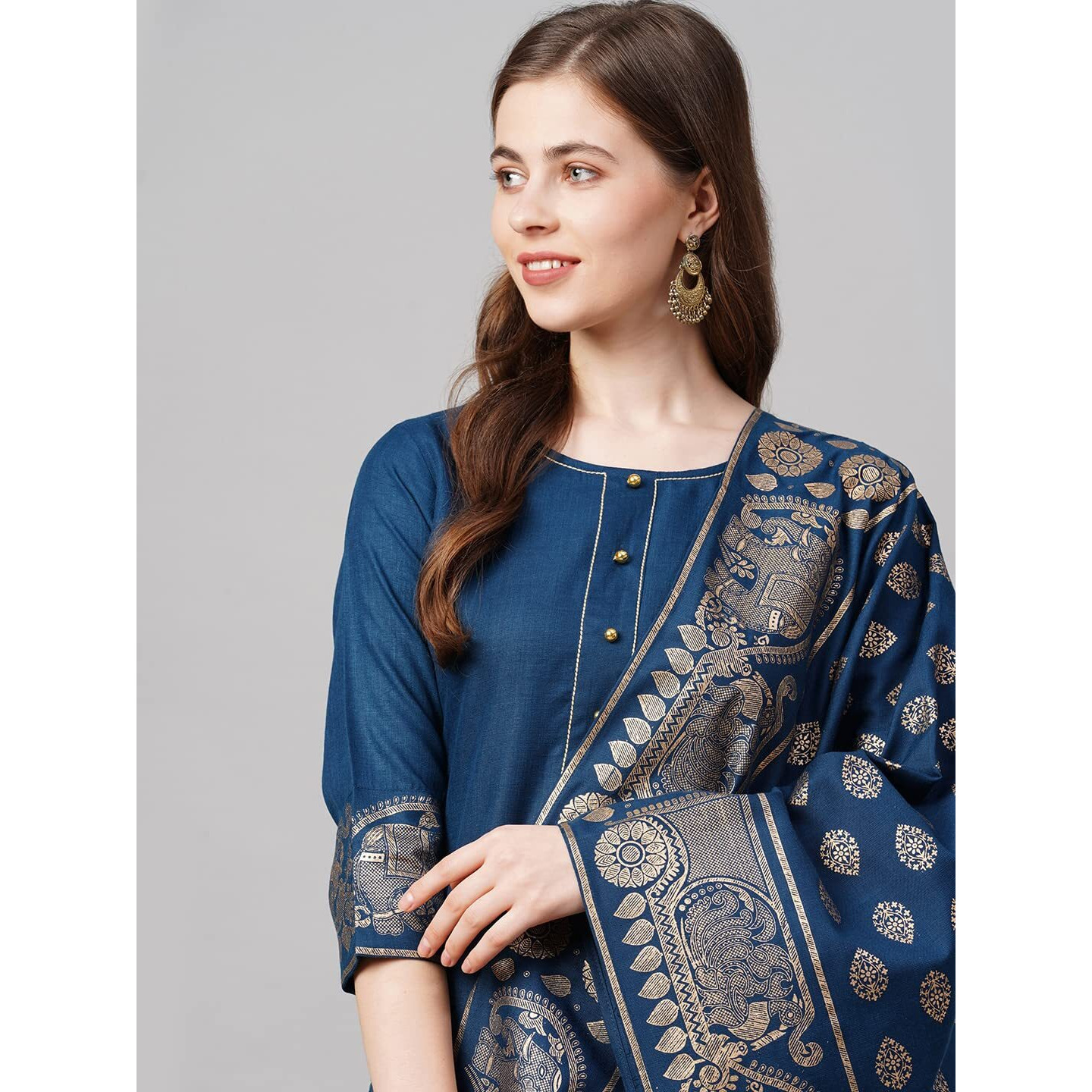 Gosriki Women's Cotton Straight Kurta With Palazzo & Dupatta (Kpzd-Cot-10098-Blue_Xxl-Go_Blue_Xx-Large)