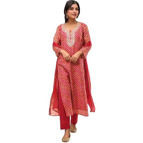 Gosriki Women's Rayon Viscose Straight Embroidered Kurta With Pant & Dupatta (Nini Multi-Vks02-Gs_L_Red_Large)