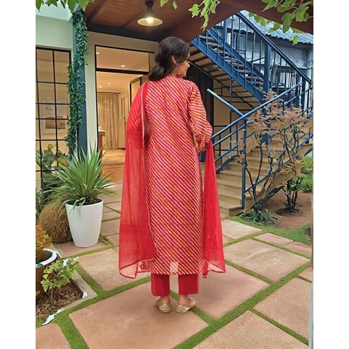 Gosriki Women's Rayon Viscose Straight Embroidered Kurta With Pant & Dupatta (Nini Multi-Vks02-Gs_L_Red_Large)