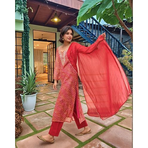 Gosriki Women's Rayon Viscose Straight Embroidered Kurta With Pant & Dupatta (Nini Multi-Vks02-Gs_L_Red_Large)