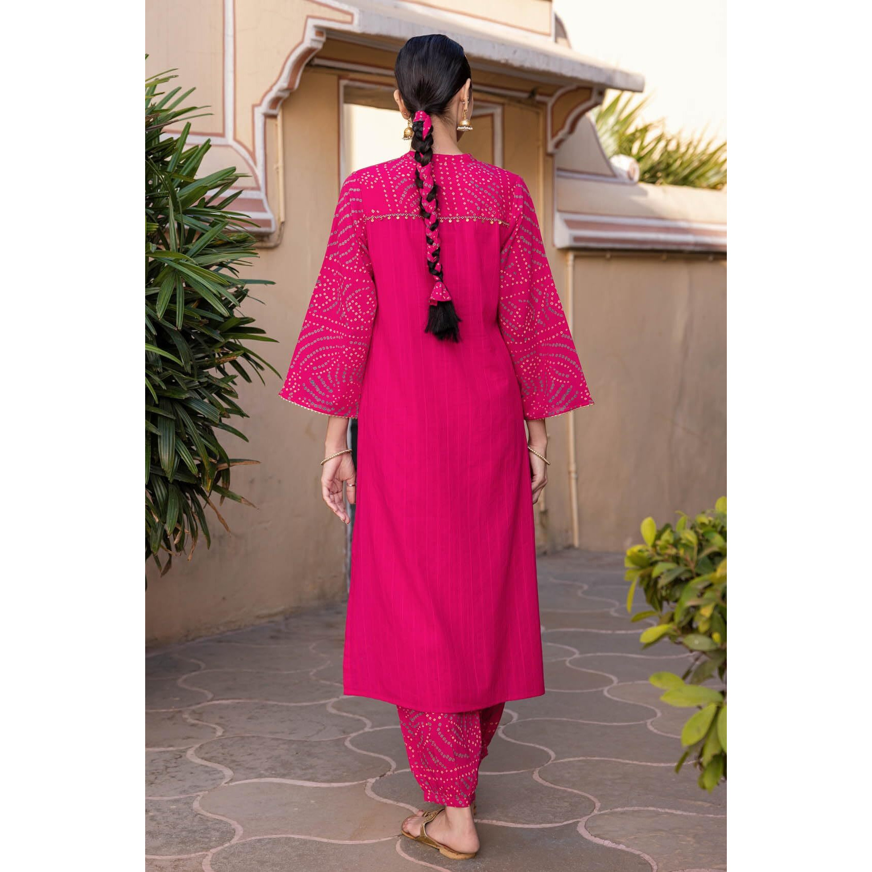 Gosriki Women's Rayon Viscose Straight Bandhej Printed Kurta With Pant & Dupatta (Kriva Pink-Gs_M_Pink_Medium)