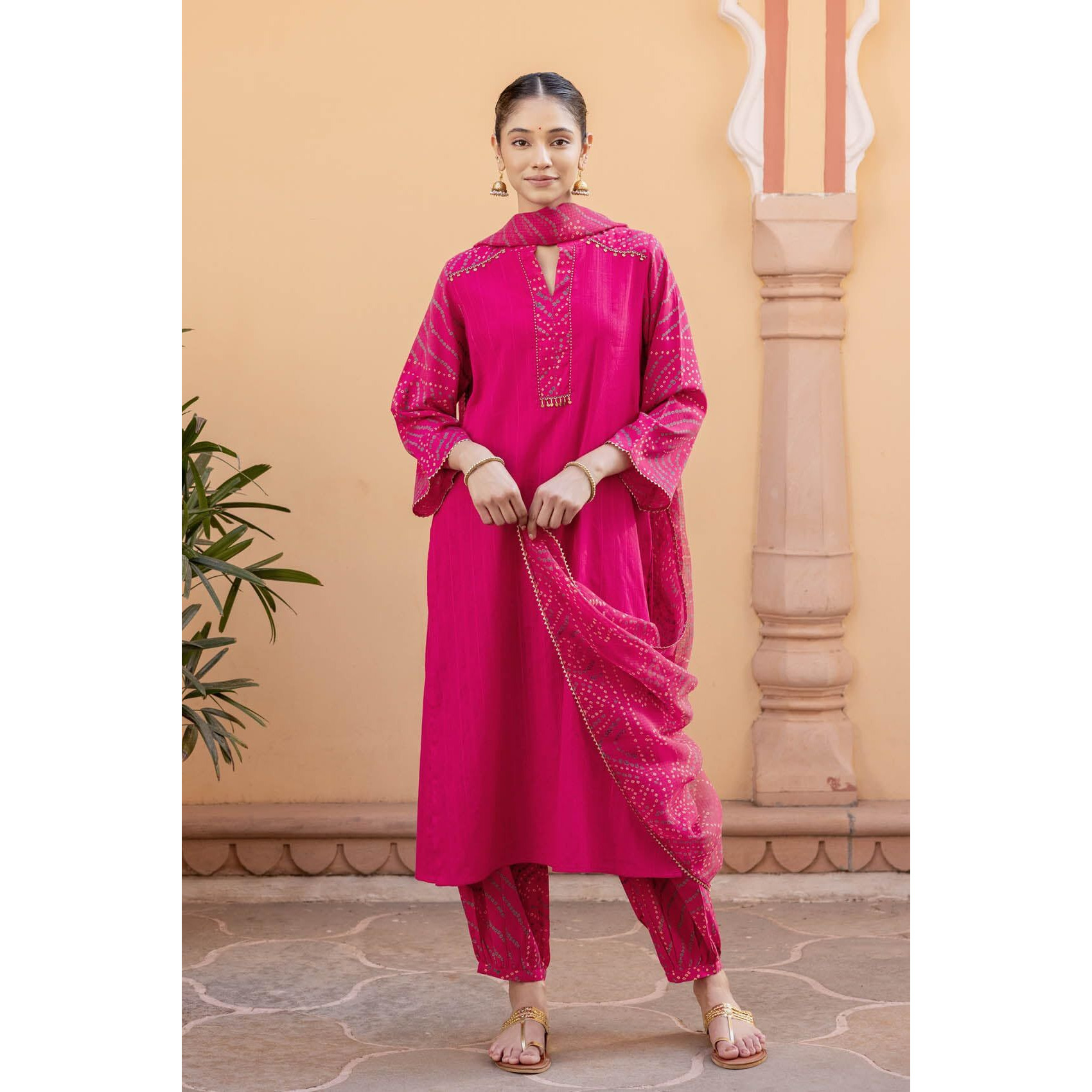 Gosriki Women's Rayon Viscose Straight Bandhej Printed Kurta With Pant & Dupatta (Kriva Pink-Gs_M_Pink_Medium)