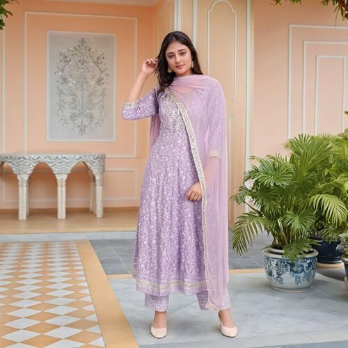 Gosriki Women's Rayon Viscose Embroidered Anarkali Kurta With Pant & Dupatta (Hitmyn Purple-Vks01-Gs_L_Purple_Large)