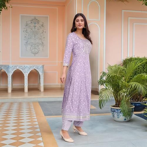 Gosriki Women's Rayon Viscose Embroidered Anarkali Kurta With Pant & Dupatta (Hitmyn Purple-Vks01-Gs_L_Purple_Large)