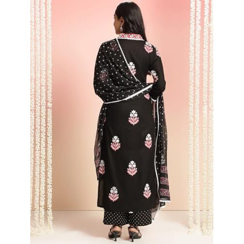 Gosriki Women's Rayon Viscose Printed Straight Kurta With Pant & Dupatta (Belagavi Black-Vks05-Gs_4Xl_Black_Xxxx-Large)