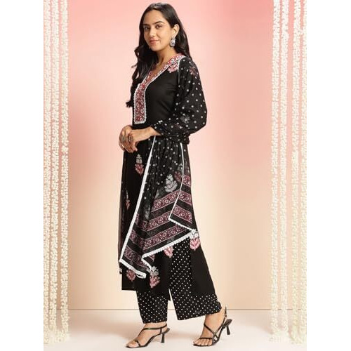 Gosriki Women's Rayon Viscose Printed Straight Kurta With Pant & Dupatta (Belagavi Black-Vks05-Gs_4Xl_Black_Xxxx-Large)