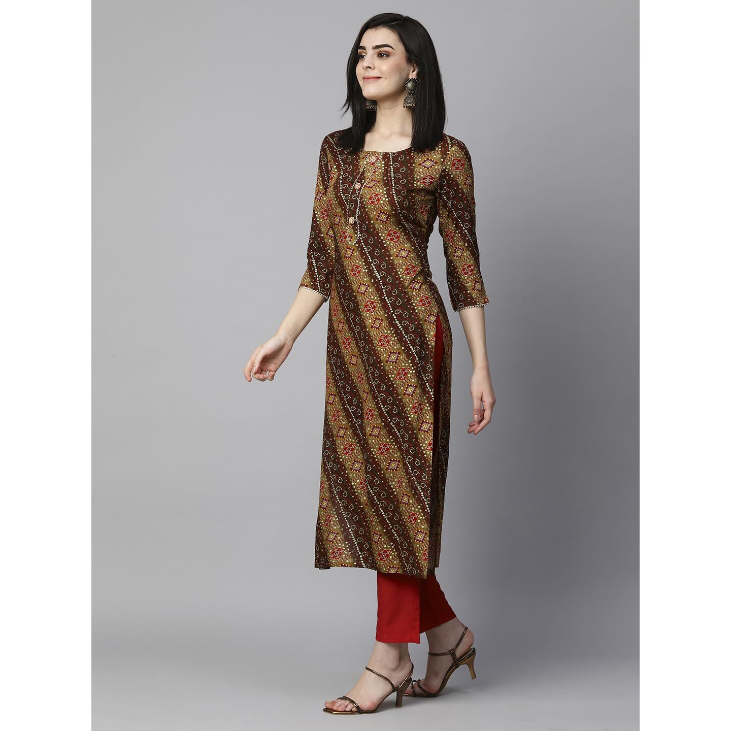 Gosriki Women's Cotton Blend Straight Printed Kurta With Pant Set (Badiya Beige-Gs_L_Beige_Large)