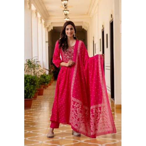 Gosriki Women's Rayon Viscose Embroidered Anarkali Kurta With Pant & Dupatta (Kanota Pink-Vks08-Gs_M_Pink_Medium)