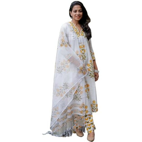 Gosriki Women's Rayon Viscose Printed Straight Kurta With Pant & Dupatta (Medal White-Gs_M_White_Medium)