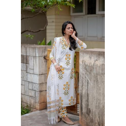 Gosriki Women's Rayon Viscose Printed Straight Kurta With Pant & Dupatta (Medal White-Gs_M_White_Medium)