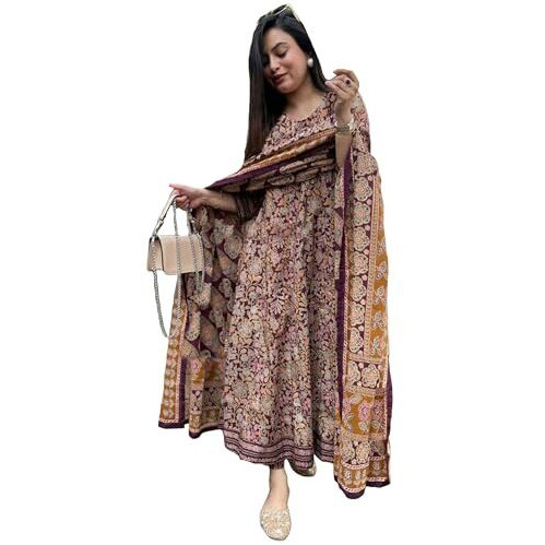Gosriki Women's Rayon Viscose Anarkali Printed Kurta With Palazzo & Dupatta (Kahini Multi-Gs_L_Multicolor_Large)