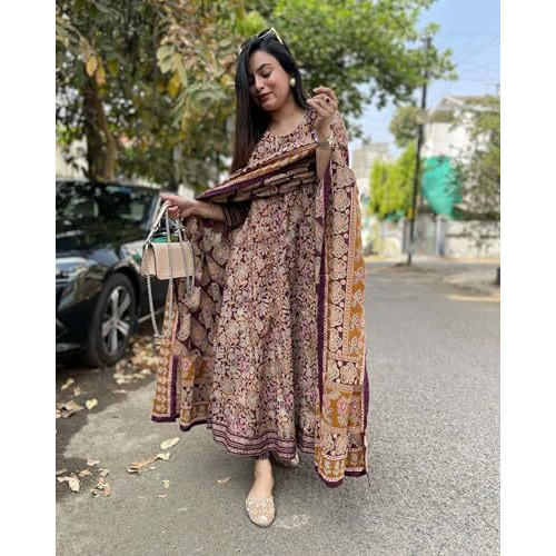 Gosriki Women's Rayon Viscose Anarkali Printed Kurta With Palazzo & Dupatta (Kahini Multi-Gs_L_Multicolor_Large)