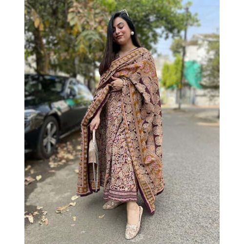Gosriki Women's Rayon Viscose Anarkali Printed Kurta With Palazzo & Dupatta (Kahini Multi-Gs_L_Multicolor_Large)