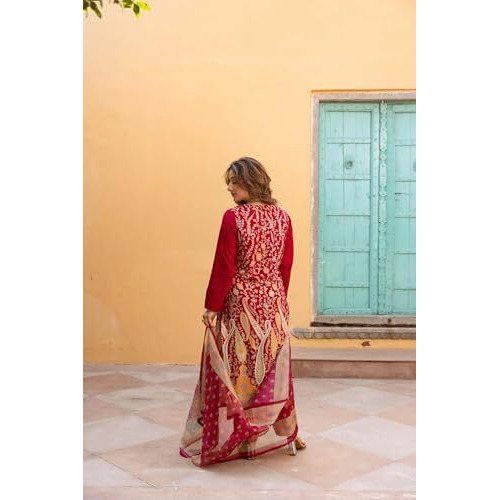 Gosriki Women's Rayon Viscose Straight Printed Kurta With Pant & Dupatta (Setul Red-Vks01-Gs_L_Red_Large)
