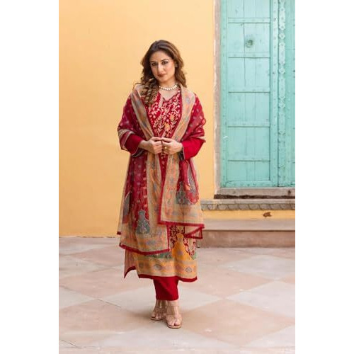 Gosriki Women's Rayon Viscose Straight Printed Kurta With Pant & Dupatta (Setul Red-Vks01-Gs_L_Red_Large)