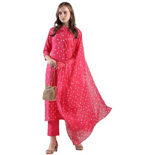Gosriki Women's Rayon Blend Straight Printed Kurta With Pant & Dupatta (Stree Pink-Vks02-Gs_M_Pink_Medium)