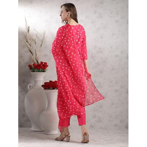 Gosriki Women's Rayon Blend Straight Printed Kurta With Pant & Dupatta (Stree Pink-Vks02-Gs_M_Pink_Medium)