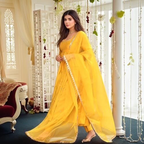Gosriki Women's Rayon Viscose Anarkali Solid Kurta With Pant & Dupatta (Sitapati Yellow-Vks03-Gs_S_Yellow_Small)