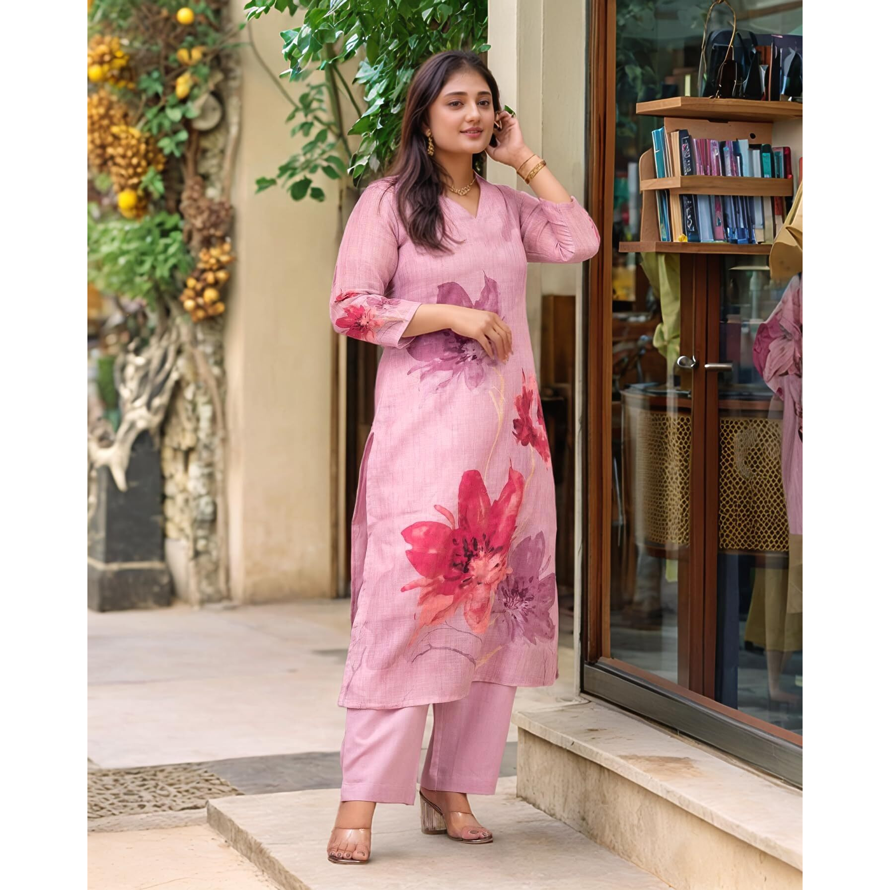 Gosriki Women's Rayon Viscose Straight Printed Kurta With Pant (Susan Pink-Vks05-Gs_S_Pink_Small)