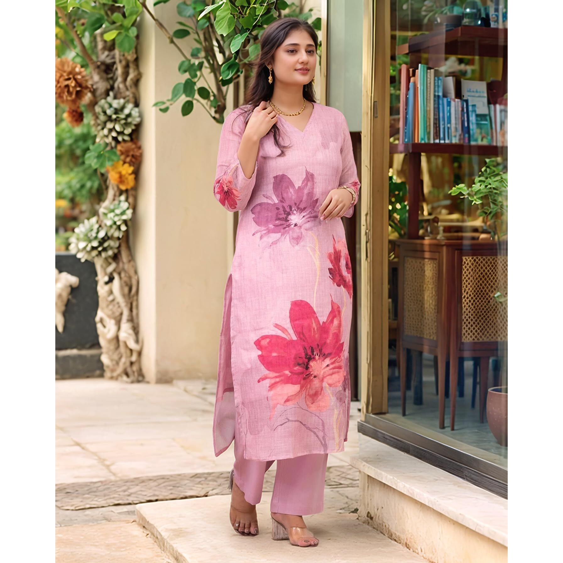 Gosriki Women's Rayon Viscose Straight Printed Kurta With Pant (Susan Pink-Vks05-Gs_S_Pink_Small)