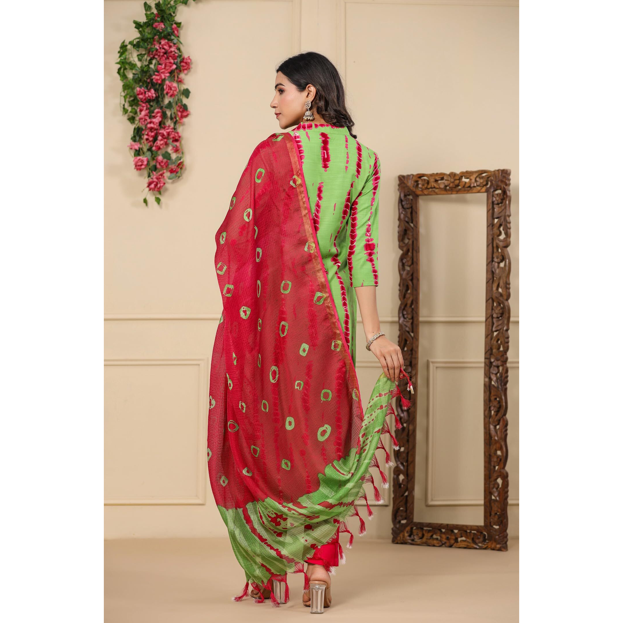 Gosriki Women's Rayon Blend Straight Printed Kurta With Pant & Dupatta (Sibori-Methi-Tgd-Gs_L_Green_Large)