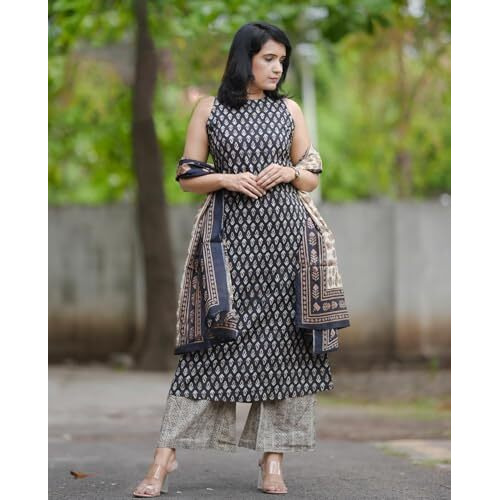 Gosriki Women's Rayon Blend Straight Printed Kurta With Pant & Dupatta (Canasi Blue-Gs_M_Blue_Medium)