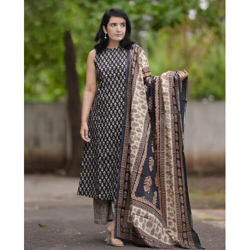 Gosriki Women's Rayon Blend Straight Printed Kurta With Pant & Dupatta (Canasi Blue-Gs_M_Blue_Medium)