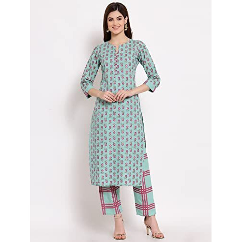 Gosriki Women's Cotton Straight Kurta With Pant (Kpt-Cot-10029-Sea Green_M-Go_Sea Green_Medium)