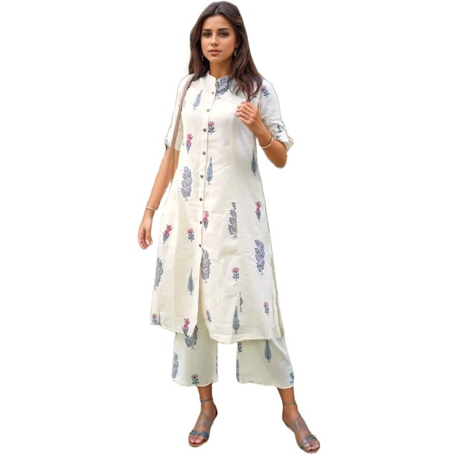 Gosriki Women's Rayon Viscose Printed A-Line Kurta With Pant (Barkat Cream-Vks03-Gs_S_Cream_Small)