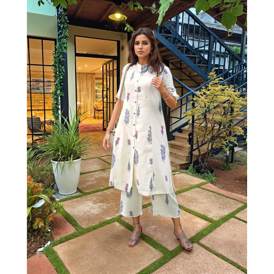 Gosriki Women's Rayon Viscose Printed A-Line Kurta With Pant (Barkat Cream-Vks03-Gs_S_Cream_Small)