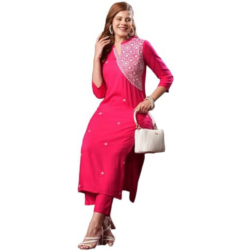 Gosriki Women's Rayon Blend Straight Embroidered Kurta With Pant (Kamakshi Pink-Vks01-Gs_Xl_Pink_X-Large)