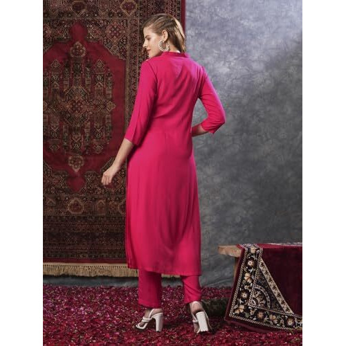 Gosriki Women's Rayon Blend Straight Embroidered Kurta With Pant (Kamakshi Pink-Vks01-Gs_Xl_Pink_X-Large)