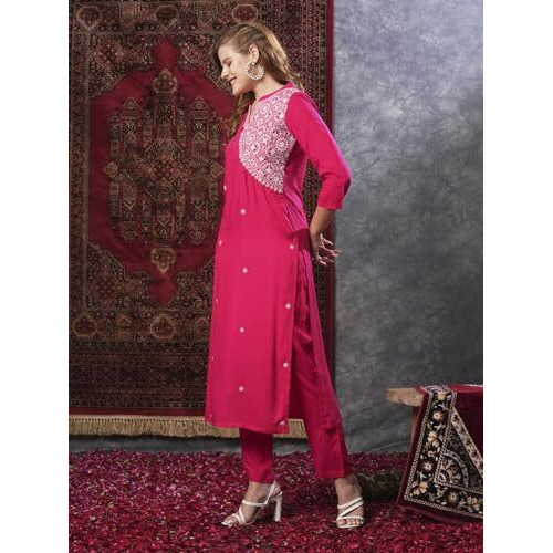 Gosriki Women's Rayon Blend Straight Embroidered Kurta With Pant (Kamakshi Pink-Vks01-Gs_Xl_Pink_X-Large)
