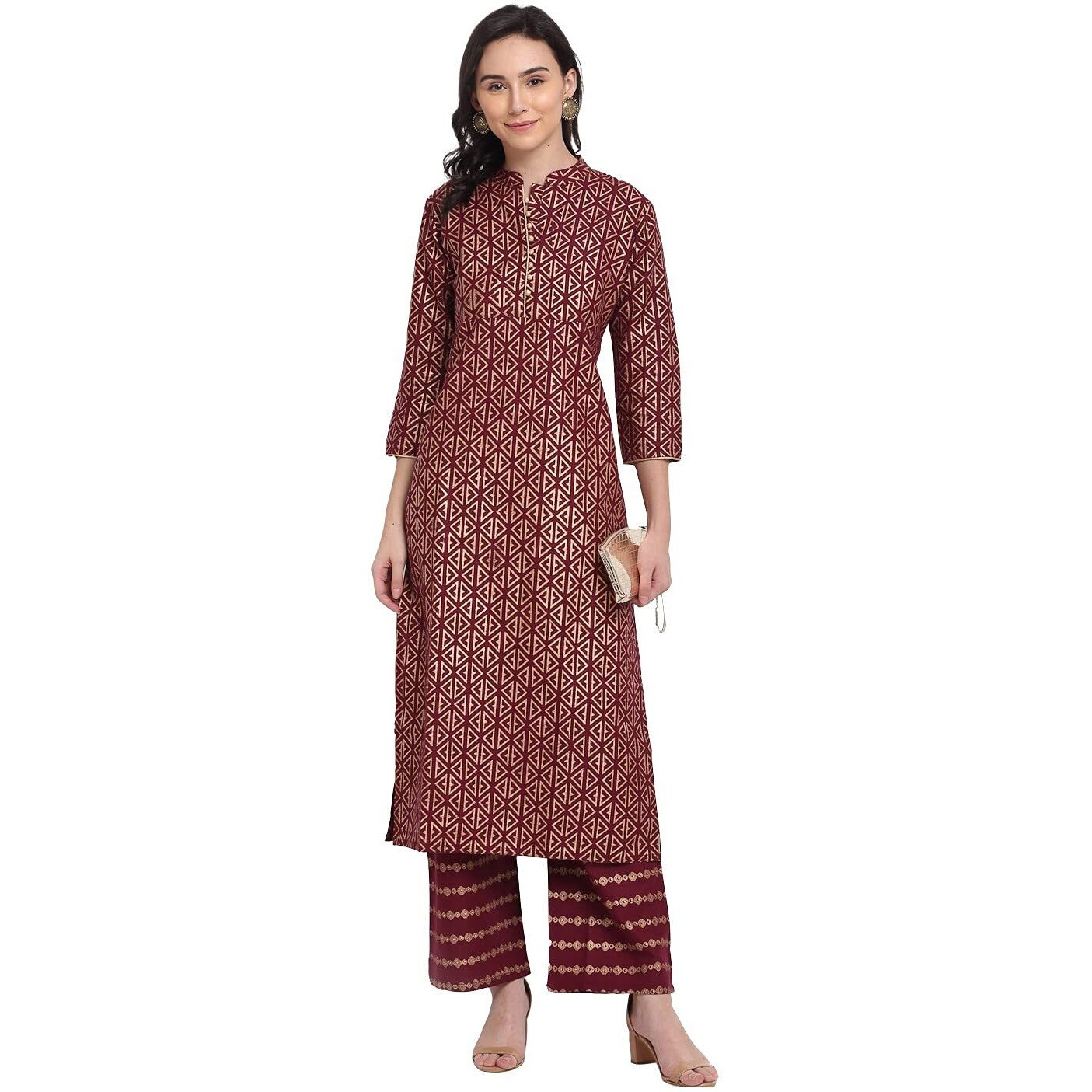 Gosriki Women's Rayon Cotton Foil Print Straight Kurta With Palazzo (Siri Maroon_Xxl_Maroon_Xx-Large)