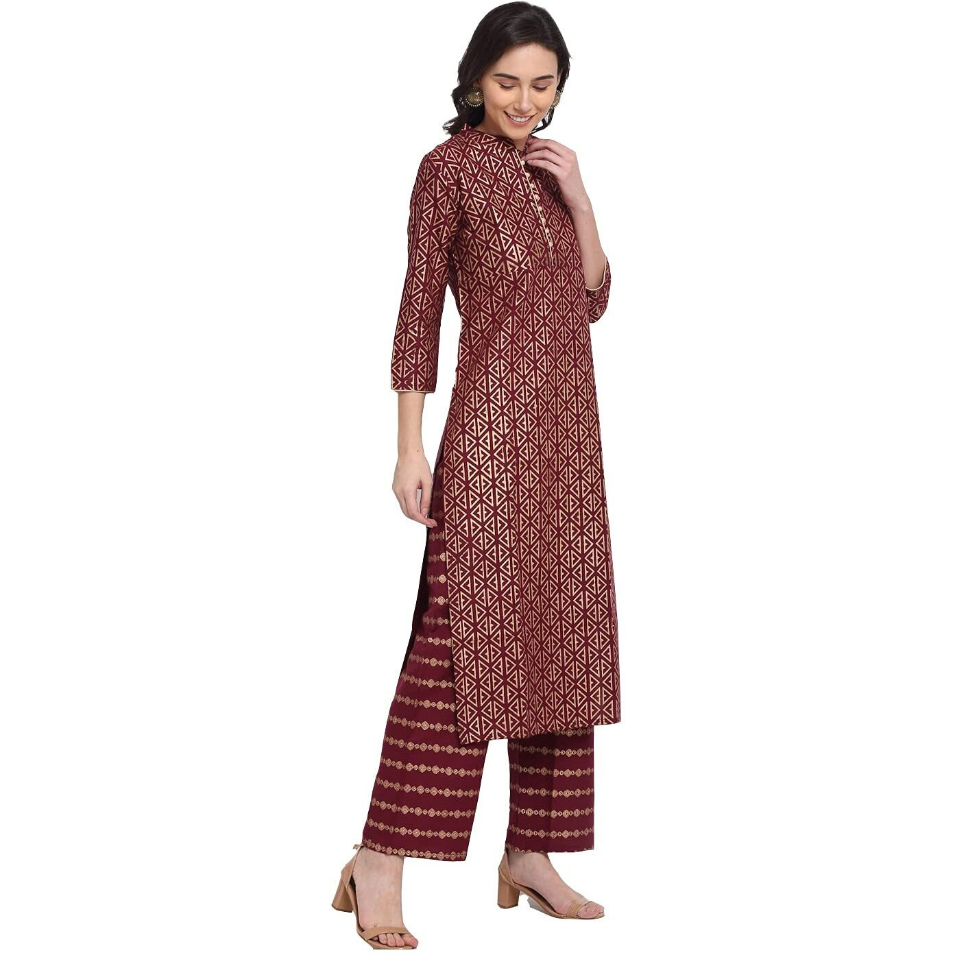 Gosriki Women's Rayon Cotton Foil Print Straight Kurta With Palazzo (Siri Maroon_Xxl_Maroon_Xx-Large)