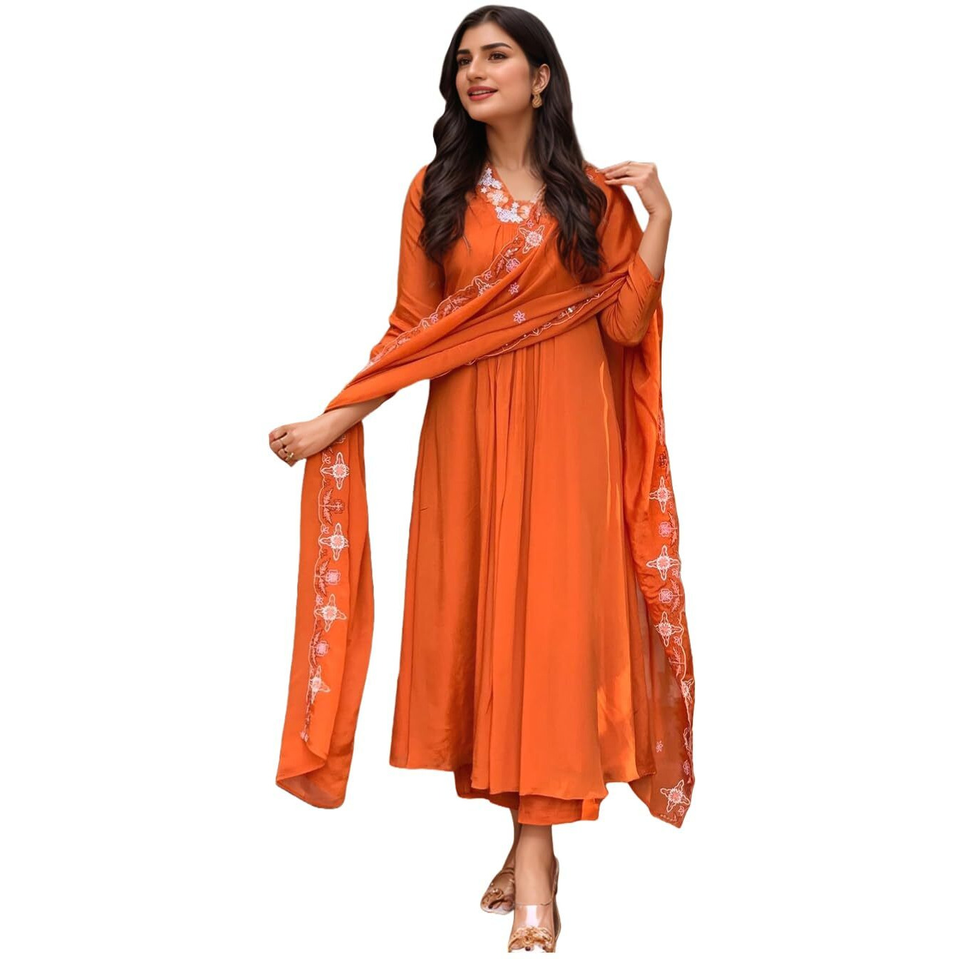 Gosriki Women's Rayon Viscose Anarkali Thread Work Kurta With Pant & Dupatta (Ashvthama Orange-Vks02-Gs_M_Orange_Medium)
