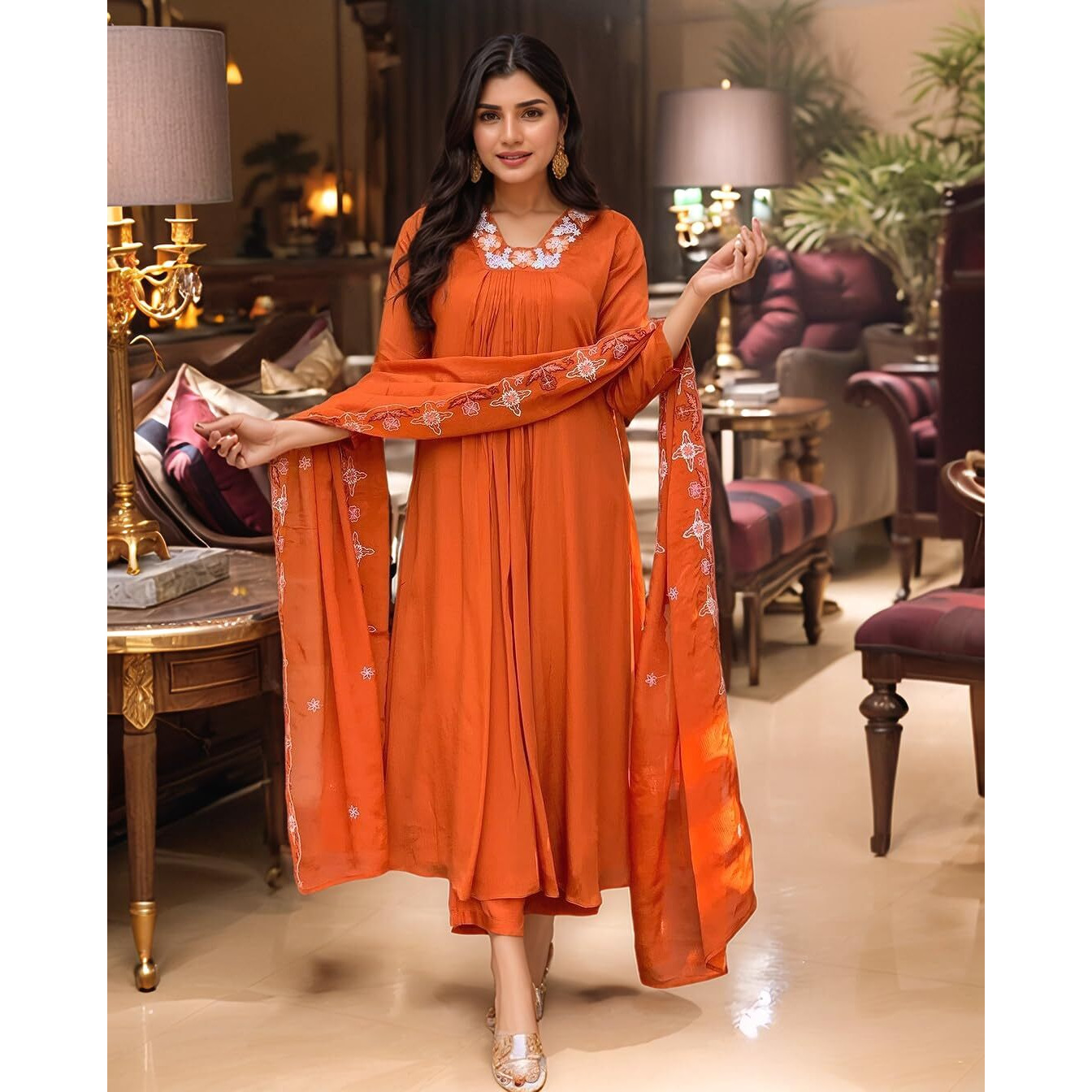Gosriki Women's Rayon Viscose Anarkali Thread Work Kurta With Pant & Dupatta (Ashvthama Orange-Vks02-Gs_M_Orange_Medium)