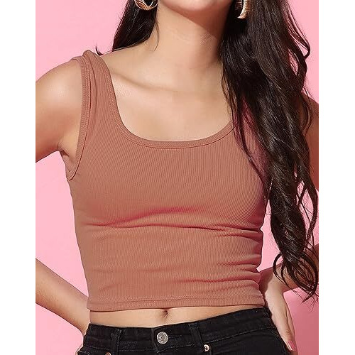 Toplot Women's Solid Ribbed Round Neck Sleeveless Slim Fit Tank Top (Tank-Top-5069-Rust-Xs)