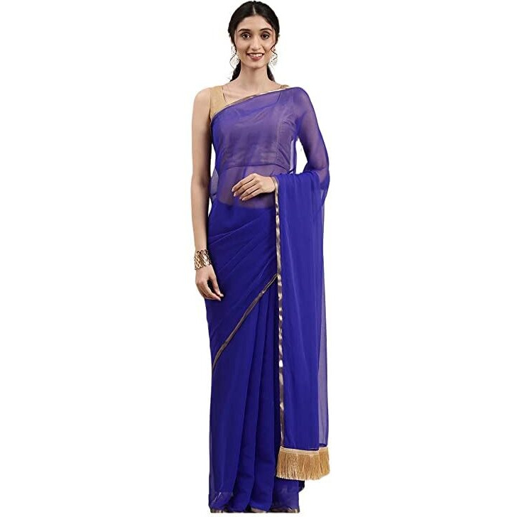 Gosriki Women's Nazmin Chiffon Solid Gotta Patti Saree With Blouse Piece (Nazmin Dark Blue-Go_Dark Blue)