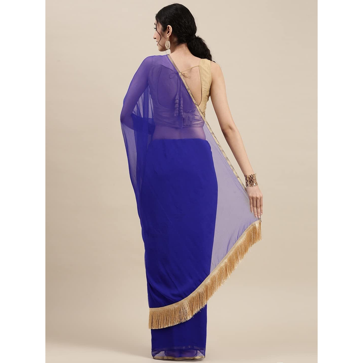 Gosriki Women's Nazmin Chiffon Solid Gotta Patti Saree With Blouse Piece (Nazmin Dark Blue-Go_Dark Blue)