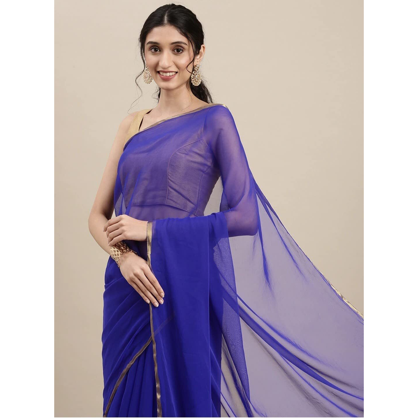 Gosriki Women's Nazmin Chiffon Solid Gotta Patti Saree With Blouse Piece (Nazmin Dark Blue-Go_Dark Blue)