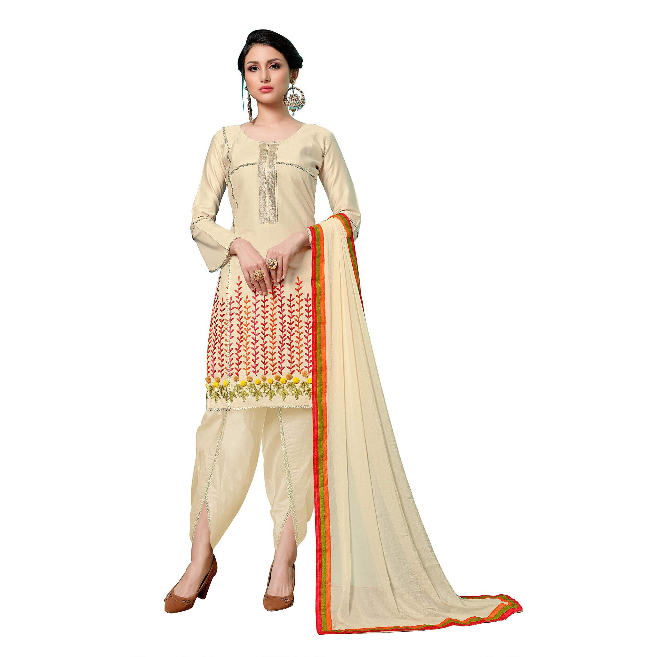 Gosriki Women's Cotton Dress Material (Laado 7206_Cream_Free Size)
