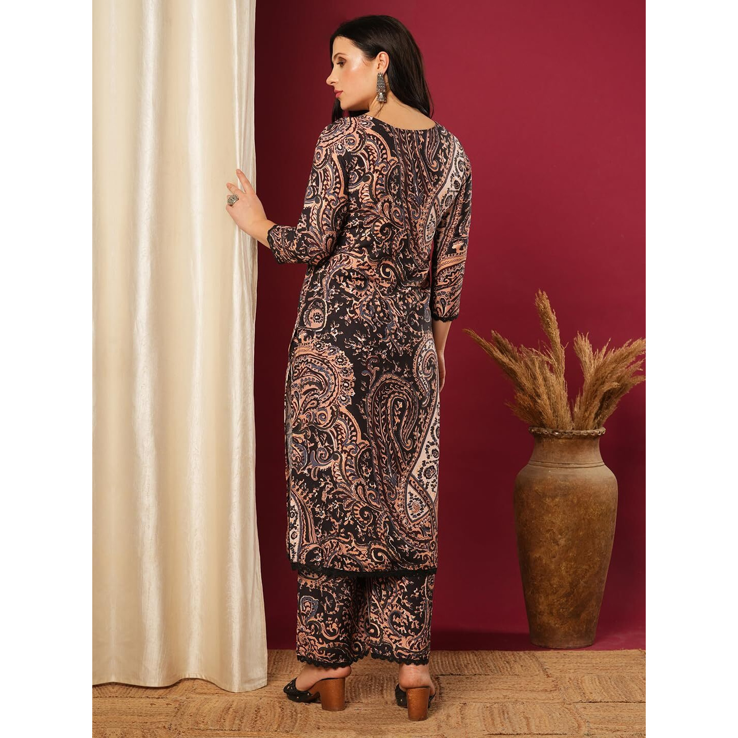 Gosriki Women's Rayon Viscose Straight Printed Kurta With Palazzo (Elevate Black-Vks01-Gs_Xxl_Black_Xx-Large)