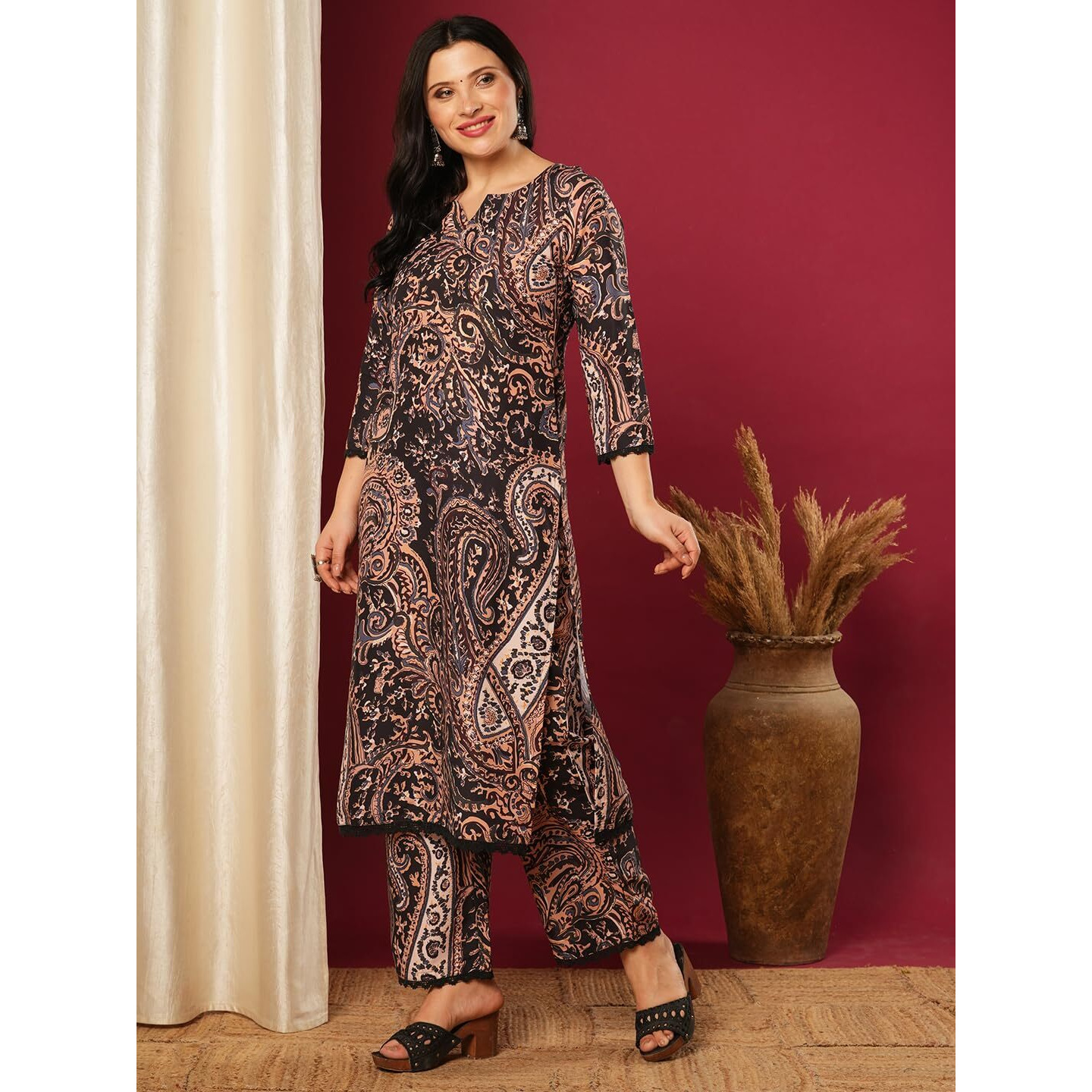 Gosriki Women's Rayon Viscose Straight Printed Kurta With Palazzo (Elevate Black-Vks01-Gs_Xxl_Black_Xx-Large)